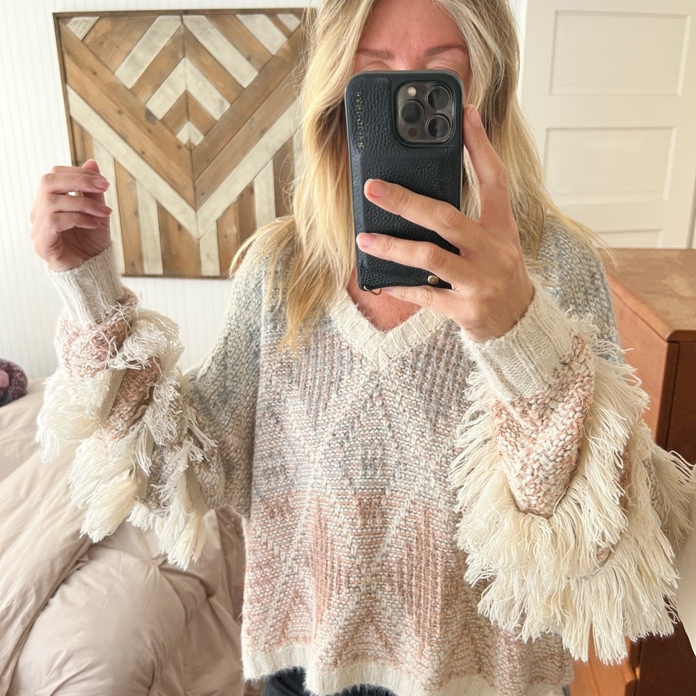 Cream V-Neck Sweater with Fringe Details